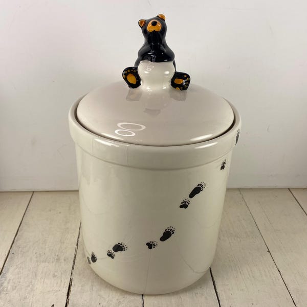 Demdaco BEAR FOOTS Canister Jar with Black Bear Handle 11" with Lid, Natural with Black Footprints, Jeff Fleming, Crazing As-Is/See Notes