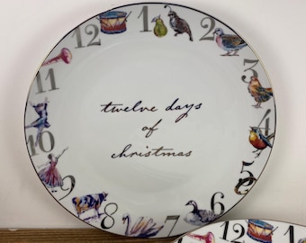 Set of 4 BHG Twelve Days of Christmas 10.5" Dinner Plates,  Better Homes & Gardens, White Porcelain Gold Trim Colorful Graphic Rim