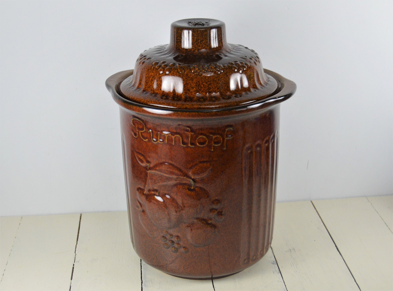 West Germany RUMTOPF Crock Jar with Lid, Fruit Rum Pot, Canister Cookie Jar, 11.5