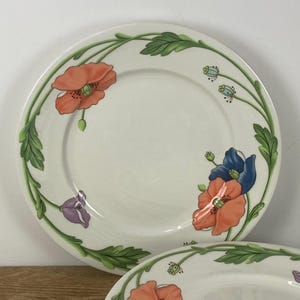 Set of 5 Villeroy & Boch AMAPOLA 8&quot; Salad Plates Plates, White with Textured Blue Orange Poppies Purple Green, Made in Germany, Used/Marks