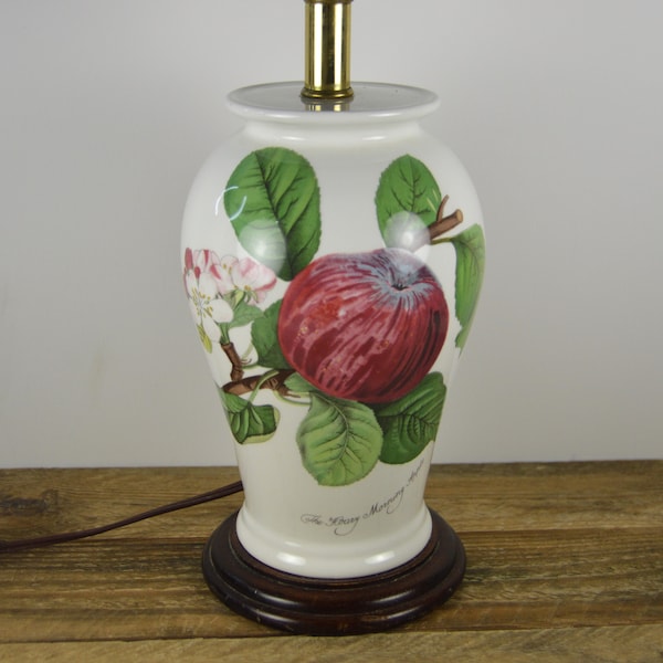 Portmeirion POMONA Ceramic Table Lamp, Canton Shape, The Hoary Morning Apple, NO SHADE, With Harp and Finial, Wood Base