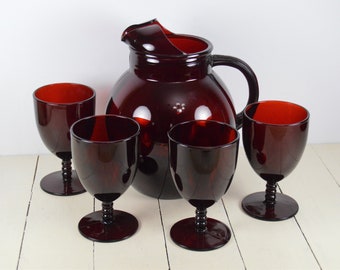 5 Pc Set Anchor Hocking Ruby Red, 1) 96 oz Roly Poly Royal Ruby Pitcher 9", 4) 8 oz Monarch Royal Ruby Water Goblet Ball Stem, Red Glass