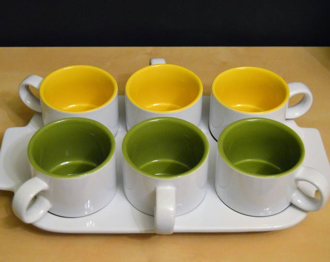 7 Piece Crate & Barrel Pick Me up 8 Oz Mug and Tray Set, White With