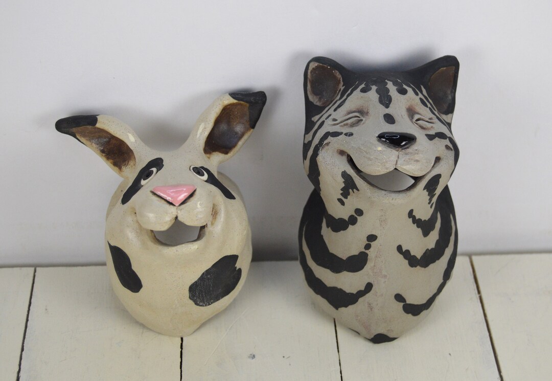 Hand Made Set of 2 E2 Ceramic Wall Animals, Spotted Rabbit Gray Black