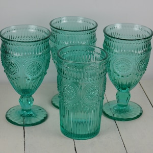 5 Pcs ADELINE TURQUOISE Pioneer Woman, 3) 12 oz Water Goblets 6 3/8&quot;, 2) 16 oz Tumbler 5.75&quot;, Circles Lines Dots, Pressed Glass