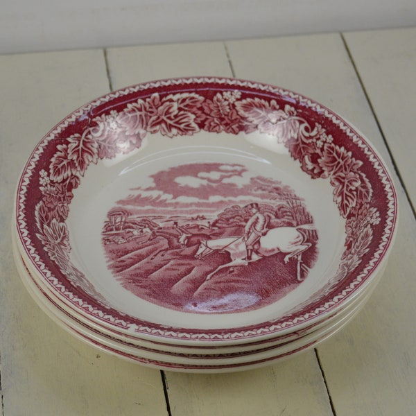 Set of 4 Homer Laughlin CURRIER & IVES RED 8 1/8" Coupe Soup Bowls, Pasta Bowls, Fox Hunting Full Cry Horse Scene, See Notes