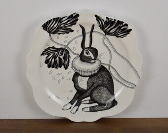Anthropologie Florence Balducci WILD MASQUERADE Rabbit 7" Plate, White with Black Graphic, Scalloped Rim