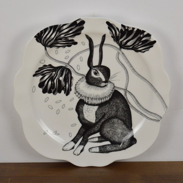 Anthropologie Florence Balducci WILD MASQUERADE Rabbit 7" Plate, White with Black Graphic, Scalloped Rim