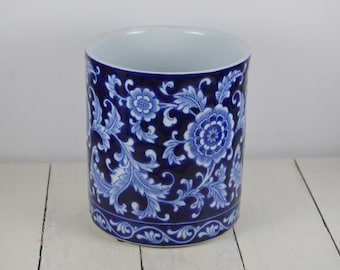 Pier 1 MANDARIN 6.25" Open Jar, Canister Jar No Lid, Utensil Crock Holder, Blue Asian Floral Design, Flower Cache Pot, Used