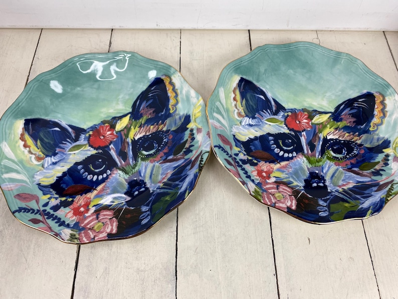 May include: Two decorative plates with a raccoon design. The plates feature a teal background with a raccoon face in the center, surrounded by colorful floral accents. The raccoon's fur is depicted in shades of blue, black, and white, with red and pink flowers.