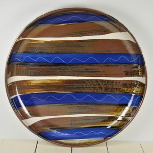 Dansk 13&quot; Round Deep Platter or Chop Plate, Japan, Cobalt Blue Brown Brushstrokes Stripes