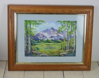 OPAL GONDER (1916-2016) Art Acrylic Painting 11x14 Framed Colorado Mountain Valley Tree Scene, Artist Signed, Frame with Glass and Mat