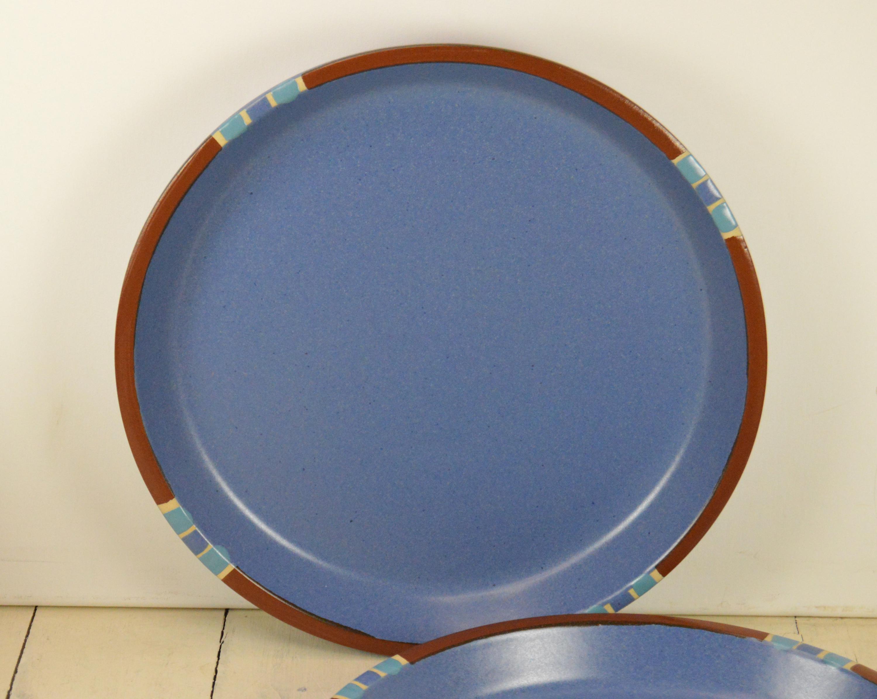 Set of 2 Dansk MESA SKY BLUE 10.5" Dinner Plates, Made in Portugal, Speckled Blue Rust Brown, Mosaic Edge, Heavy