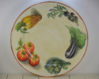 Williams-Sonoma JARDIN POTAGER 16" Round Platter Chop Plate, Rustic Summer Vegetables Tomatoes Olives Peppers, Rust Rim, CRAZING See Photos