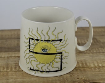 Anthropologie S is for Sun 18 oz Initial Mug, 4", Yellow Sun Blue Eye, Drawing by Florence Balducci for Anthropologie, Letter S