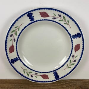 Set of 4 Adams China LANCASTER 8&quot; Salad Plates, White with Blue Bands Red Flowers, English Ironstone Made in England, Used