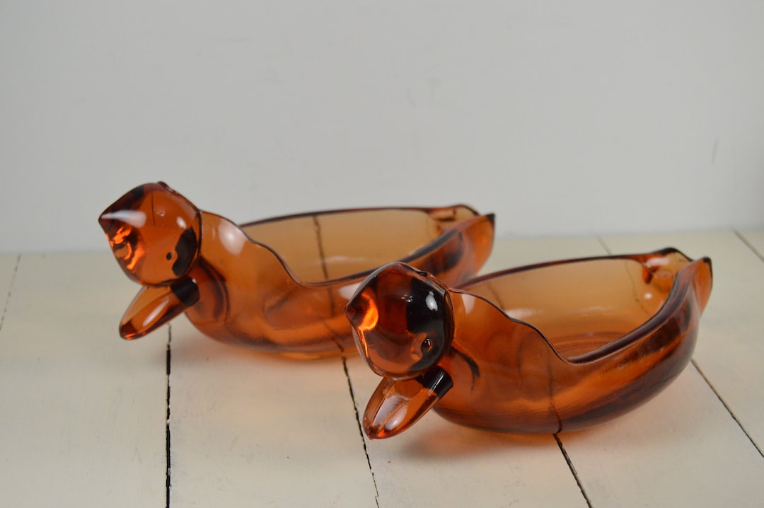 Set of 2 Tiara Orange Amber DUCK Ashtrays, Cigar Ashtray, Heavy Pressed Glass, Duck Shape