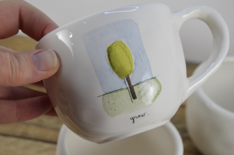 Set of 3 Rae Dunn for Pottery Barn TEA GARDEN 12 Oz Mugs, White With