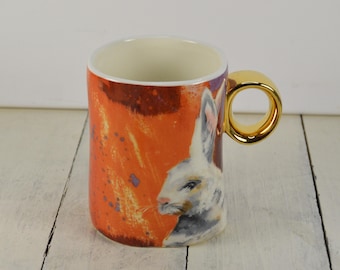Anthropologie Laura Walcott WINTER FAUNA White Rabbit 13 oz Mug, Round Gold Handle, 4.25"