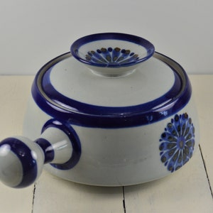 Ken Edwards EL PALOMAR 1 Quart Covered Casserole Dish with Handle, Mexican Pottery, KE Signed, Blue Flower, Chipped/Repaired Lid Handle