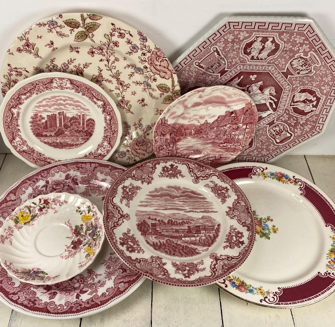 Set of 8 Mismatched PINK-RED Transferware Plates 5 3/8-9.75