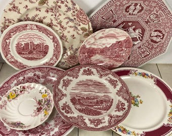Set of 8 Mismatched PINK-RED Transferware Plates 5 3/8-9.75", Wall Grouping Varying Size Mix, Rose Chintz Spode Archive Old Britain Castles