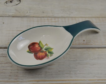 China Pearl Apple CASUALS 7.5&quot; Single Spoon Rest, Stove Cooking Spoon Holder,  Natural with Red Apples Blossoms, Dark Green Ring