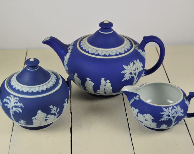 Wedgwood Blue Jasperware Tea Set, 1 2 Cup Teapot With Lid, 1 Sugar Bowl With Lid, 1 4 Oz Creamer