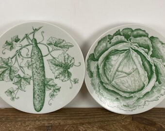 Set of 2 Bareuther Waldsassen 7.75" Plates, Cucumber and Cabbage, White with Green Graphic, Wall Plate, Vegetable Plate, Bavaria Germany