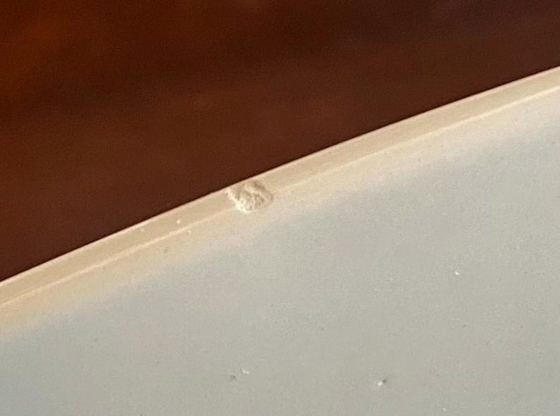 Op de afbeelding: Een close-up van een lichtgekleurd oppervlak met een bruine rand. Een klein, getextureerd, gebroken wit object bevindt zich in de rechterbovenhoek. De afbeelding is goed belicht, met focus op de details van de oppervlakken.