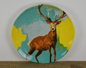Anthropologie LAUREN WALCOTT Winter Fauna Stag Deer 8.5" Plate, Teal Yellow Brown, Used