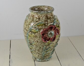 Vintage Italy Pottery Vase 7", Raised Red Flower Stems, Mottled Brown Aqua Lime, Chipping Crazing