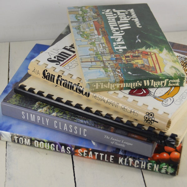 Lot of 5 Seattle San Francisco Area Cookbooks, 2 Hardbacks/1 Dust Jkt/1 Soft/2 Bound, Used, Tom Douglas Seattle Kitchen Fisherman's Wharf