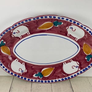 Vietri SOLIMENE Campagna Pig 16 3/8&quot; Oval Serving Platter, Red with White Pigs Blue Dots Carrots, Scalloped Rim, Hand Painted in Italy
