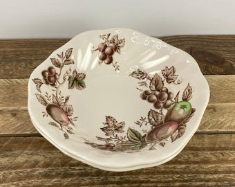 Set of 2 Johnson Brothers HARVEST TIME 7" Square Soup Bowls Scalloped Rim, Brown Multi-Color Transferware Made in England
