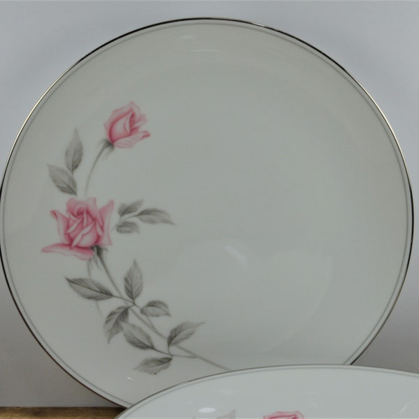 Set of 4 Noritake ROSEMARIE 10.5" Dinner Plates, White with Silver Trim Pink Roses Gray Leaves, 6044 Japan