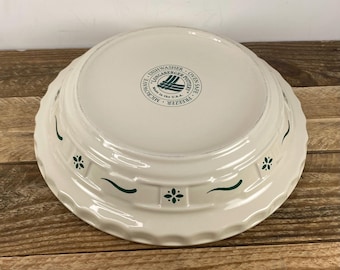 Longaberger Woven Traditions HERITAGE GREEN 10" Pie Plate Pan, Plain Center, Embossed Basket Weave, Dark Green Band, USA Longaberger Pottery