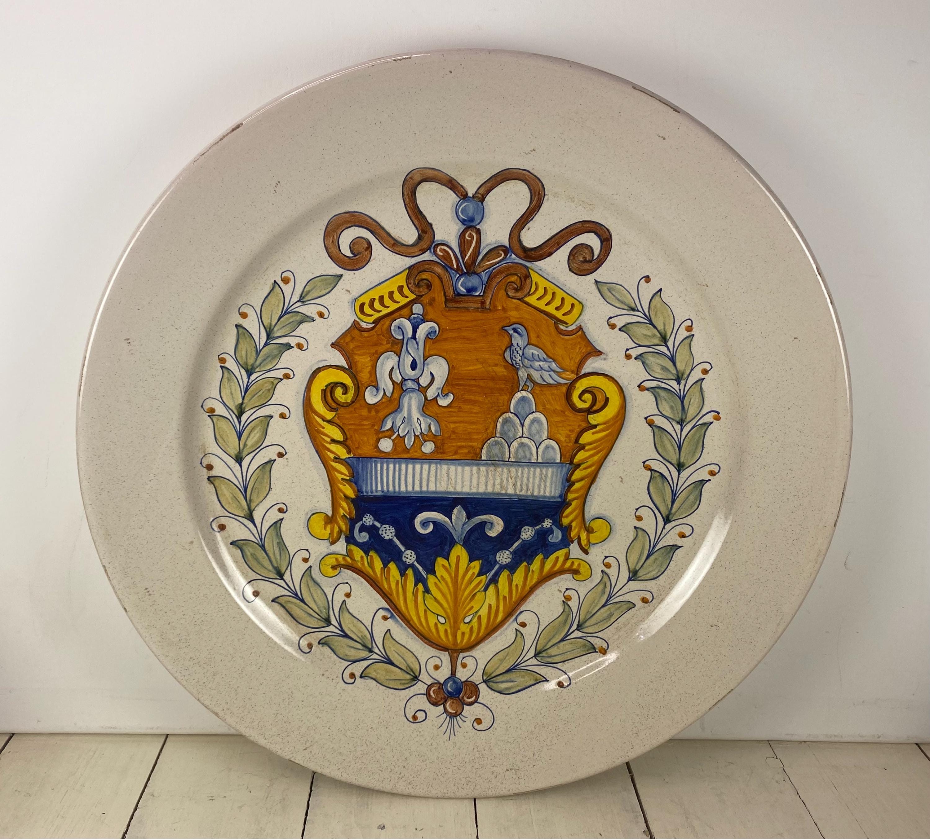 14" La Piccola Bottega Italy Hand Painted Wall Plate, Cross Coat of Arms Laurel Wreath