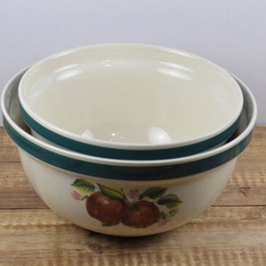Set of 2 Apple CASUALS Mixing Nesting Bowls, 7&quot; 6&quot;, China Pearl, Red Apples Pink Blossoms, Dark Green Ring, Used