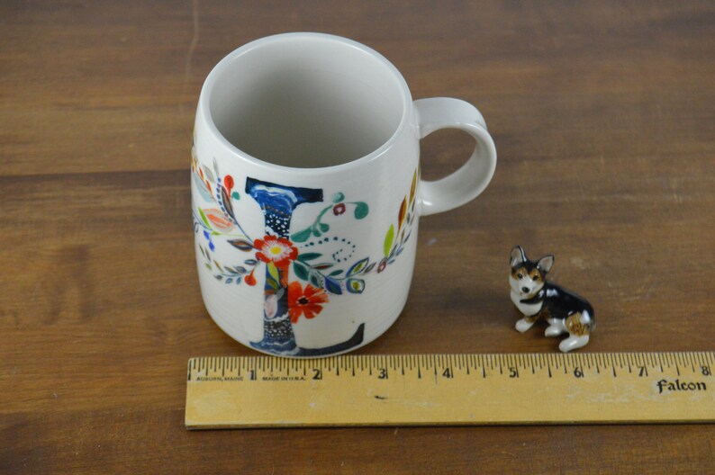 Anthropologie Starla M. Halfmann 12 oz Initial L Mug, White with Colorful Graphic Flowers Blue Initial L, Monogram image 6