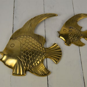 Set of 2 Brass Wall Fish, Angel Fish, Large and Small, Round Loop for Hanging, Gold Finish, 7&quot; 3 7/8&quot;