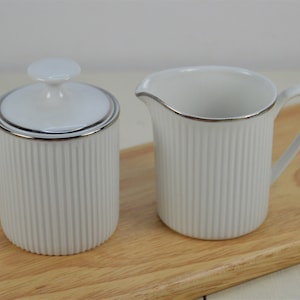 Arzberg Germany SPARTA SECUNDA Mini Sugar Bowl with Lid and 3 oz Creamer Set, White Ribbed Platinum Trim