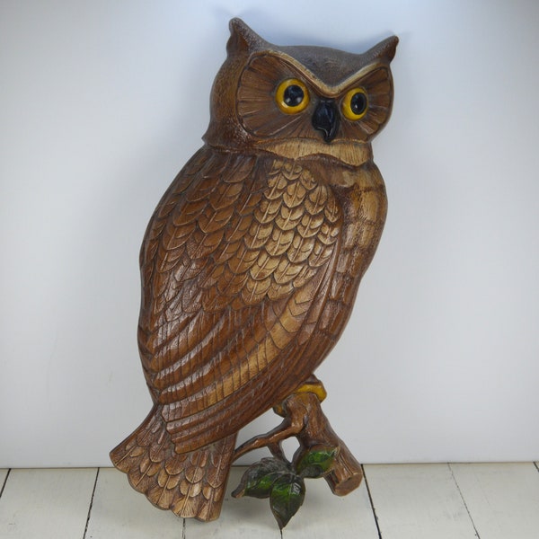 Syroco OWL 17.75", Large Plastic Wall Owl, Made in USA 7013, Great Horned Owl, Brown Owl Yellow Eyes on a Branch