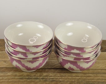 Set of 8 Anthropologie IKAT 4 3/8" Dessert Bowls, White with Light Purple Design Gold Bands, Used