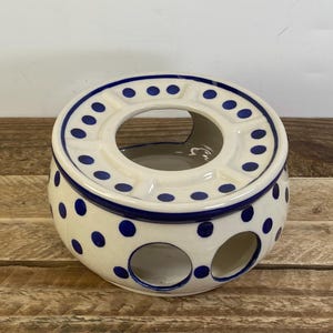 Boleslawcu Polish Pottery Blue Dots Candle Warmer Teapot Warmer 6", Manufaktura Made in Poland