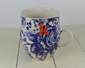 Anthropologie Homegrown 12 oz Initial Mug, Red Letter K, Lower Case, Flowers, Cream with Blue Floral Print, Black Bird Stamp