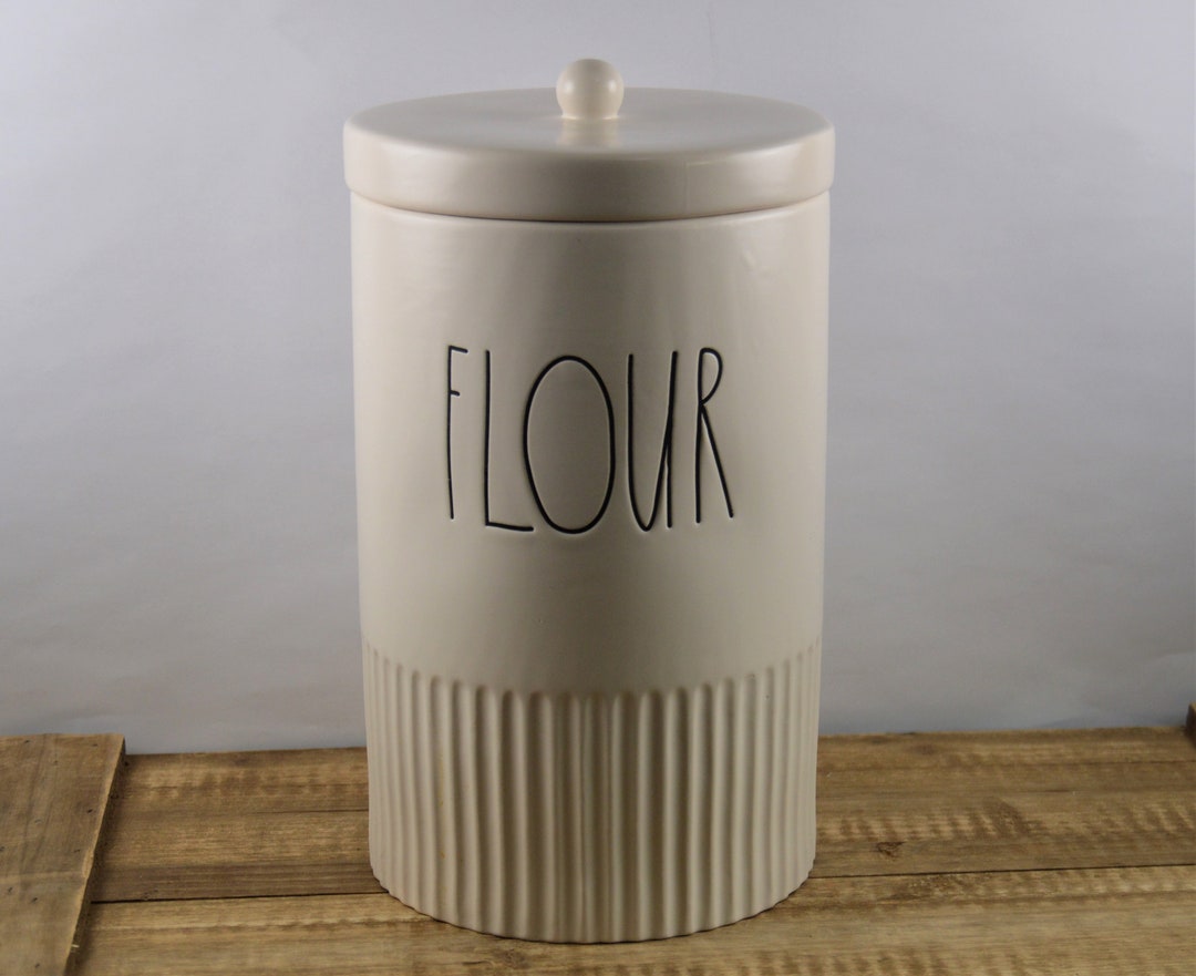 Rae Dunn FLOUR Canister With Lid, 9, Fluted Ribbed Bottom, Matte White With Black Text Type