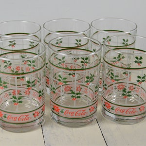 Set of 6 Coca-Cola 12 oz Tumblers, Holiday Holly Frosted Windowpane, 4 5/8&quot;, Christmas Coke Glass, Thick Bottom