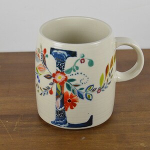 Anthropologie Starla M. Halfmann 12 oz Initial L Mug, White with Colorful Graphic Flowers Blue Initial L, Monogram image 2