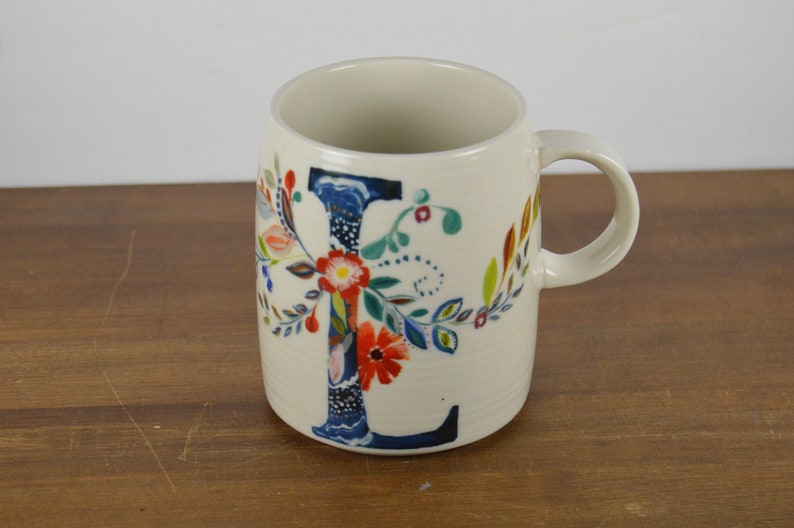 Anthropologie Starla M. Halfmann 12 oz Initial L Mug, White with Colorful Graphic Flowers Blue Initial L, Monogram image 2